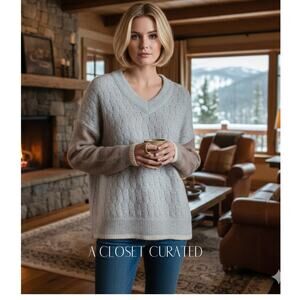 LOMA Alpaca Pointelle V Neck Sweater M/L Grey NWT